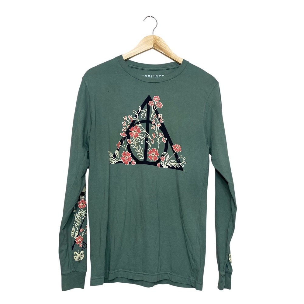 BoxLunch Harry Potter Floral Deathly Hallows Long Sleeve Tee Sage Green Small